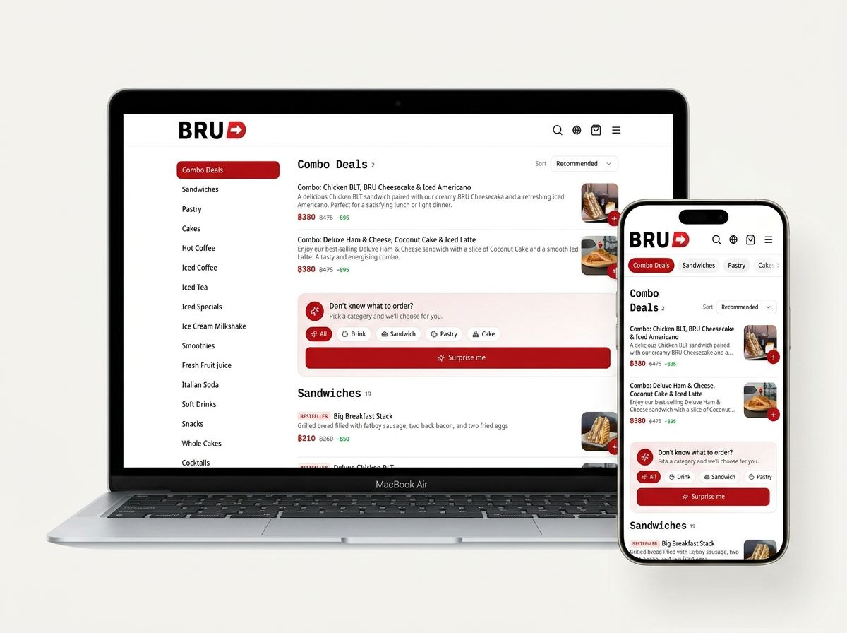 Live desktop and mobile screenshots of the BRU Direct ordering website shown side by side