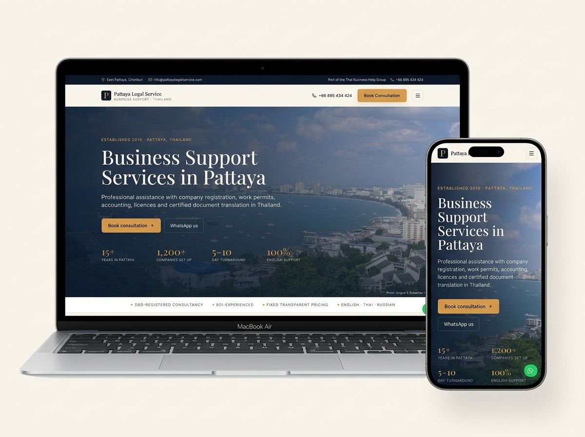 Live desktop and mobile screenshots of the Pattaya Legal Service website shown side by side